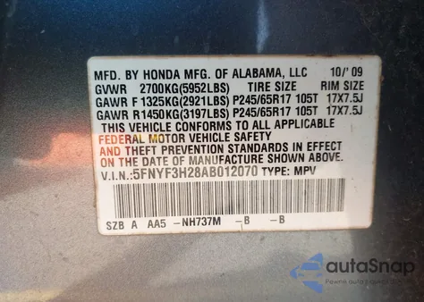 2010 Honda Pilot Lx from USA, damaged, VIN 5FNYF3H28AB012070
